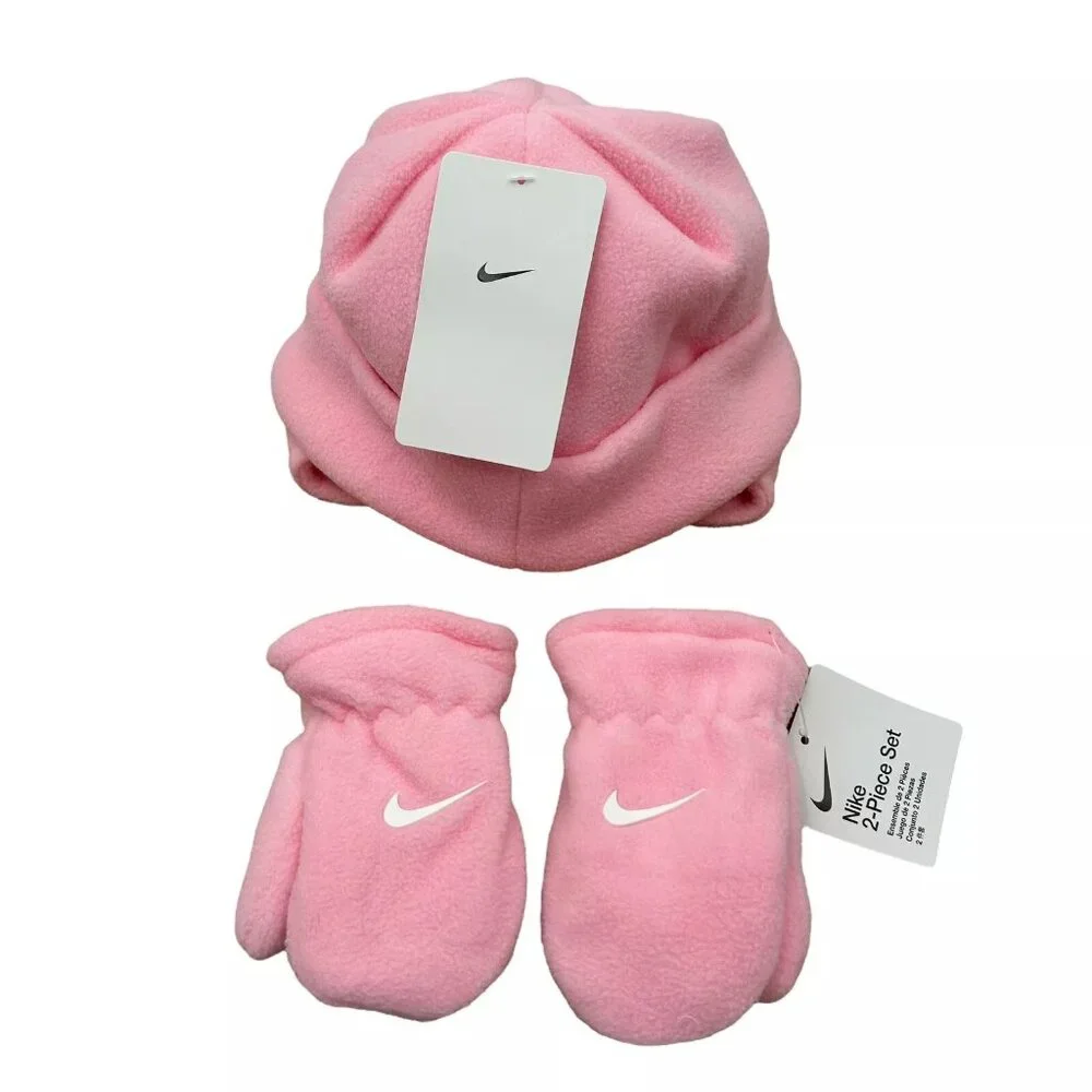 Nike Baby Girl's Fleece Chin Strap Trapper Hat & Mittens 2 Piece Set Size 12-24M